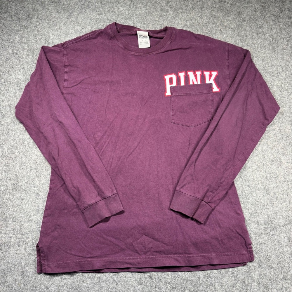 Victorias Secret PINK Long Sleeve Pocket Tee Maroon Burgundy Small
